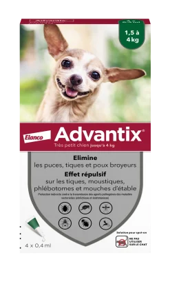 Advantix, chien inférieur à 4 kg, 4 pipettes de 0.4 ml