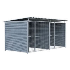 Chenil MKS composite WPC GRIS - ETERNA - 4 x 2 m avec séparation - facade grillage 50 x 50 mm