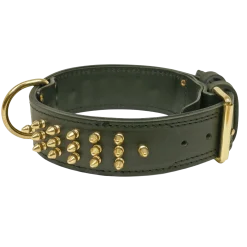 Collier clous dorés, cuir cousu double noir, 75 cm x 48 mm