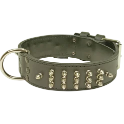 Collier clous nickelé, cuir cousu double noir, 75 cm x 48 mm